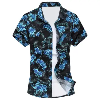 

Men Hawaiian Summer Flower Print Short Sleeve Turn Down Collar Shirt Slim Top