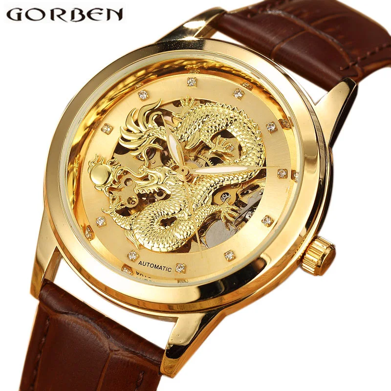 Китайский дракон Золотой Скелет Автоматическая Мужские Часы лучший бренд класса люкс механический мужской наручные Часы с кожаным