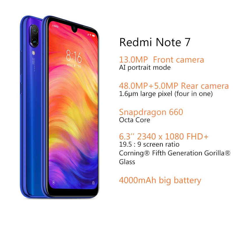 Мобильный телефон Xiaomi Redmi Note 7 с глобальной версией, 4 Гб, 128 ГБ, Восьмиядерный процессор Snapdragon 660, 4000 мАч, 6,3 дюйма, 2340*1080, 48MP+ 5MP, мобильный телефон