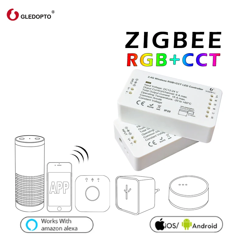 

GLEDOPTO ZIGBEE controller zll light link 3.0 RGB+CCT led strip controller dc12-24v smart app control work with Amazon alexa