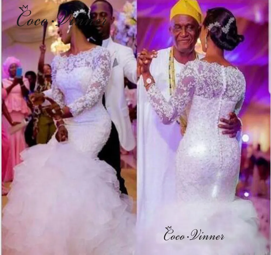 Boat Neck Tassle Tail Tiered Mermaid Wedding Dresses 2022 Africa New Long Sleeve Crystal Beading Lace Wedding Dress Bride W0475 1