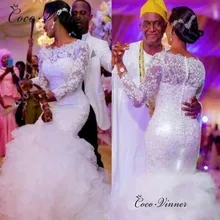 Лодка шеи Tassle хвост многоярусный Русалочий свадебное платье es Africa длинный рукав кружево с бисером и хрусталем свадебное платье W0475