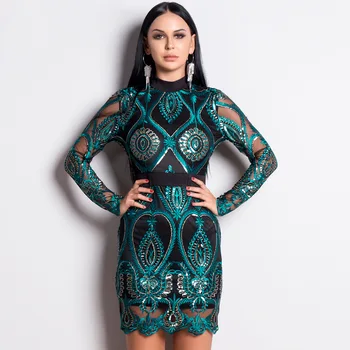 

2019 Mini Dress Sexy Backless Elegant Full Hollow Out O Neck Women Flash Sequined Night Club Body con Party Dresses Wholesale