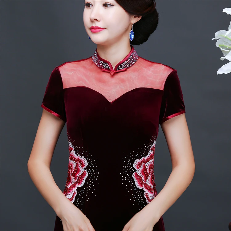 Традиционная китайская мода бархат Cheongsam Иллюзия декольте Восточный длинное платье зима Qipao платья Cheongsams велюр Qi Pao