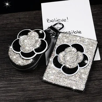

Universal Camellia Leather Car Key Case Key Wallet Fashion Crystal Rhinestones Auto Key Holder Covers For Women Car Accessories