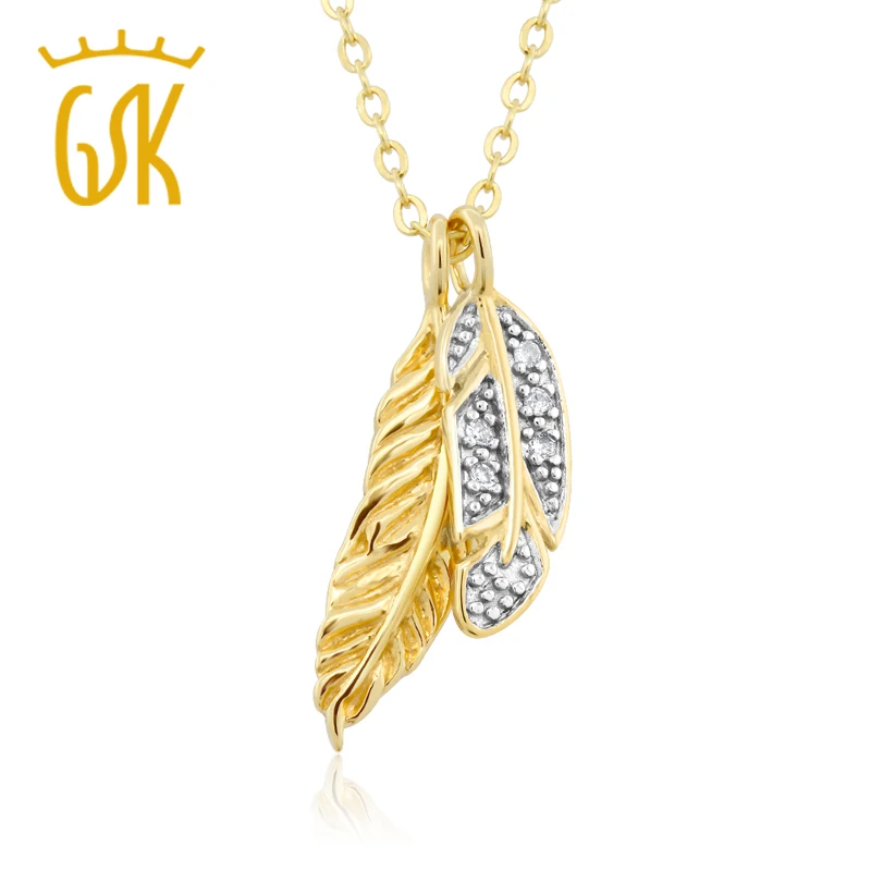 

GemStoneKing White Diamond Accent 18K Yellow Gold Plated 925 Sterling Silver Feather Pendant Necklace For Women