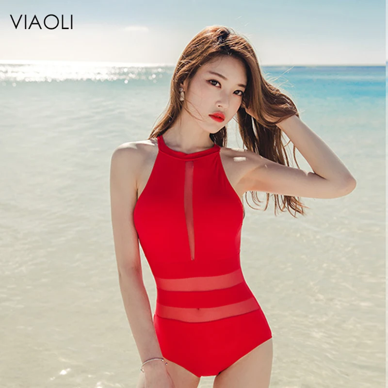 

2018 Red One Piece Swimsuit Sexy Mesh Perspective Swimwear Women's Swimming Suit Beach Bathing Suit Korean Version High Collar