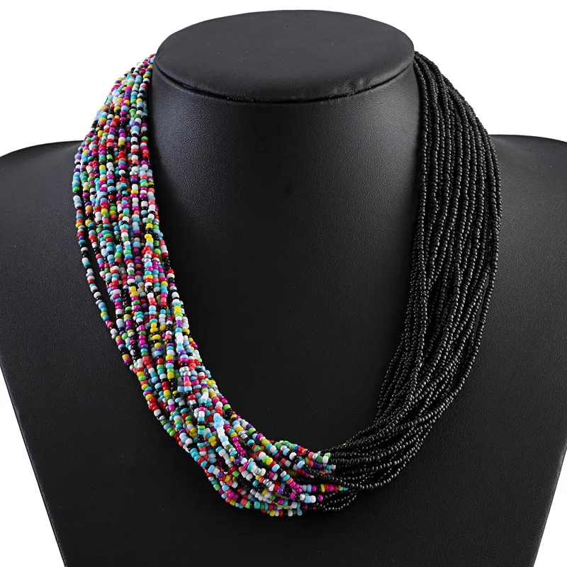 

Popular style fashion exaggerates Bohemian style multi-layer rice bead costom woman beads layered necklace