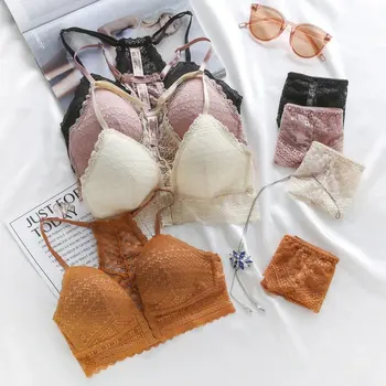 

Women Sexy Bra Set Wire Free Solid Color Bra Lace Floral Briefs Underwear Deep V Front Closure Bra Set