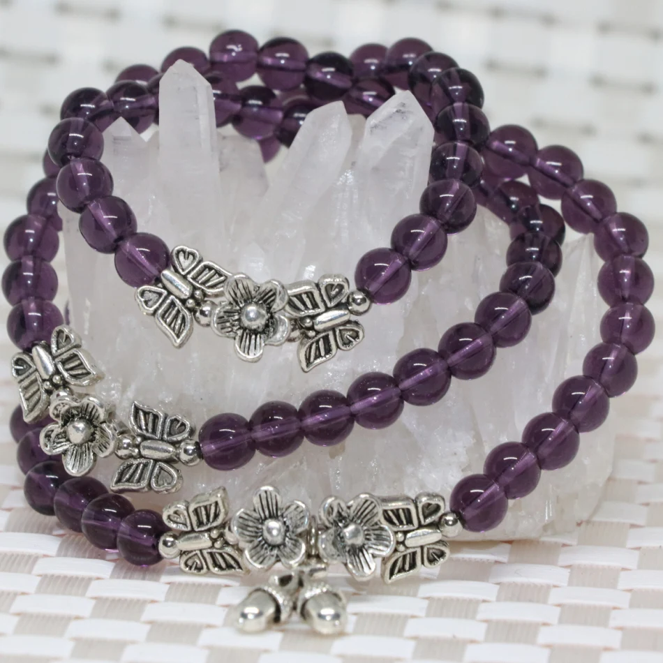 

Top quality fashion 6mm purple crystal electroplate round beads multilayer long chain bracelets elastic luxury diy jewelry B2246