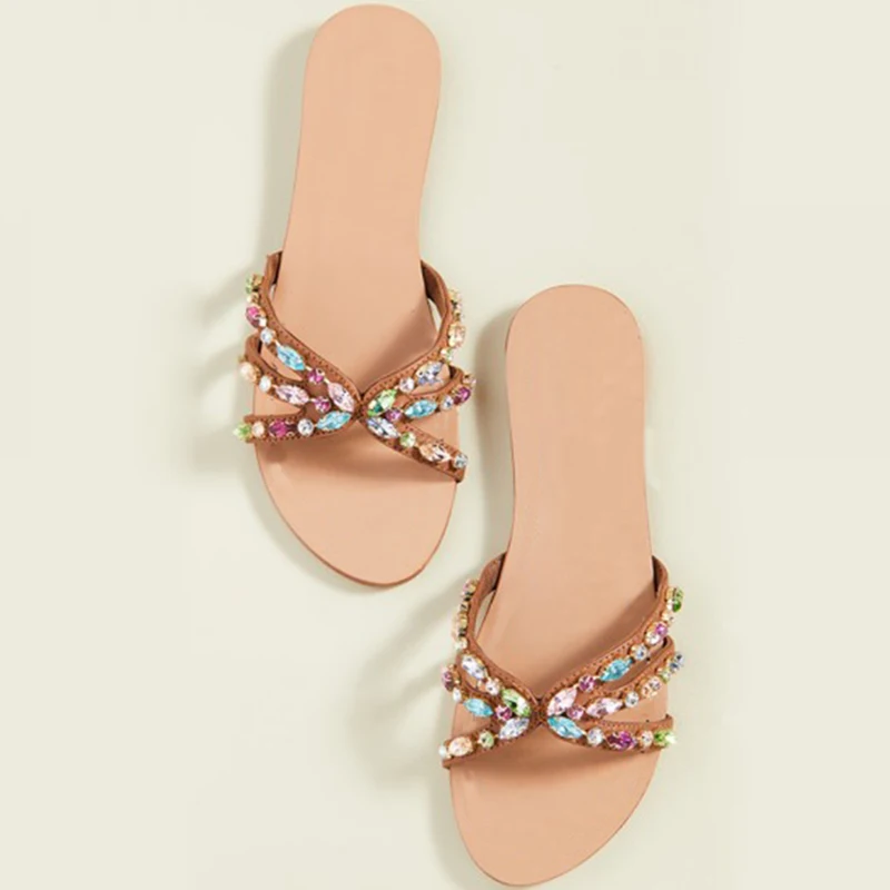 Женские шлепанцы на плоской подошве с кристаллами; женские сандалии-шлепанцы со стразами; пляжная обувь; большие размеры 34-37; модные праздничные туфли