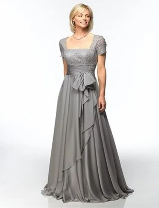 Silver Gray Lace Chiffon Modest Long Mother of the Bride Dresses Short