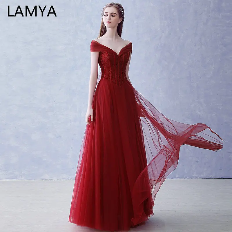 

LAMYA Elegant V Neck Evening Dress 2019 Plus Size Off The Shoulder Prom Party Gown Long Formal Dresses Robe De Soiree