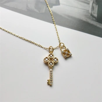 

925 Sterling Silver Lock Key Pendant Necklace Gold Fashion Crystal Cubic Zircon Necklace For Women Silver Jewelry For Charms