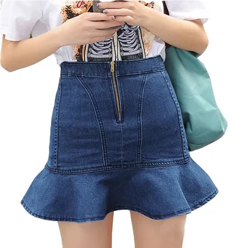 

YGYEEG New Women Skirt Female Fishtail Skirts Flounced Denim Pleated Zipper Trumpet Mermaid Super Quality Patchwork High Waist