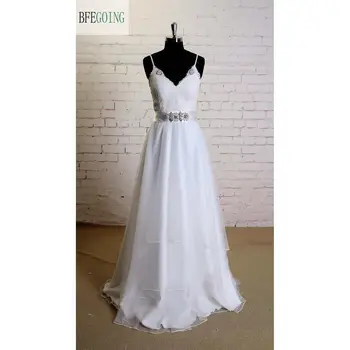 

White Chiffon A-line Wedding Dress Floor-Length V-neck Spaghetti Straps Sleeveless Real /Original Photos