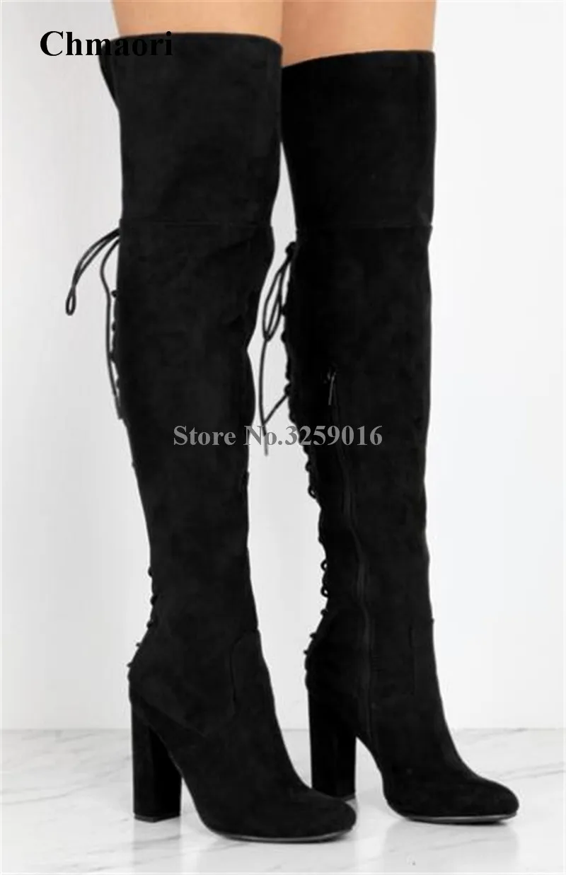 black leather over the knee boots chunky heel