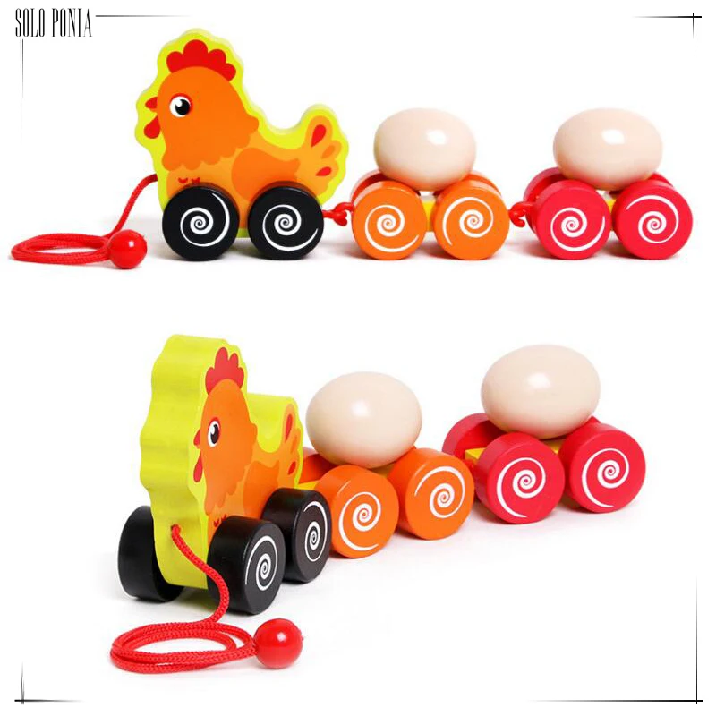 

Wooden Hen Drag Trailer with 2 Eggs Creative Chicken Shape Cognitive Toy Trailer Cart Educational Baby Infant Walk Training Toy