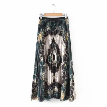 

New Women Vintage chain flower print pleated midi skirt faldas mujer ladies elastic waist casual slim chic brand skirts QUN157