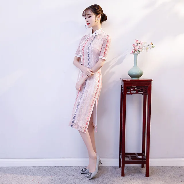 2019 летнее платье Чонсам длиной до колена, модное платье в китайском стиле, женское кружевное платье Qipao, тонкие вечерние платья, женская