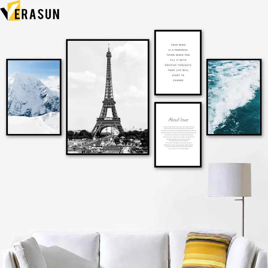 

Paris Tower Snow Mountain Sea Wave Quotes Wall Art Canvas Painting Nordic Posters And Prints Wall Pictures For Living Room Decor