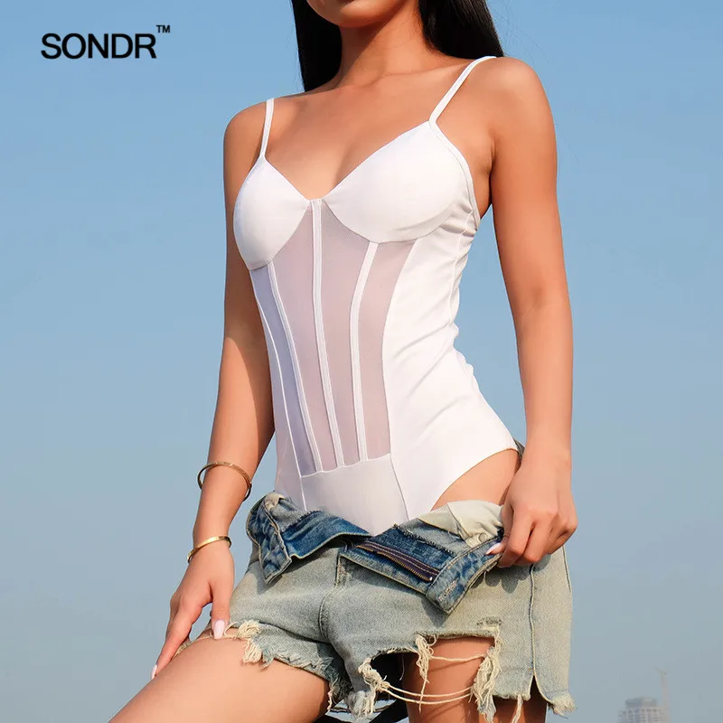 SONDR 2019 White Patchwork Mesh Bodysuit Backless Transparent Body Women Sexy Top Cami Strap Bodycon Jumpsuit Catsuit Summer SONDR 2019 White Patchwork Mesh Bodysuit Backless Transparent Body Women Sexy Top Cami Strap Bodycon Jumpsuit Catsuit Summer