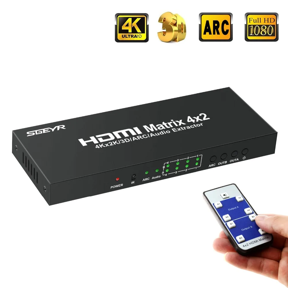 HDMI Matrix 4x2 HDMI Matrix Switch 4 Input to 2 Output Support IR Remote with Audio Extractor ARC SPDIF Support 4Kx2K 2160p