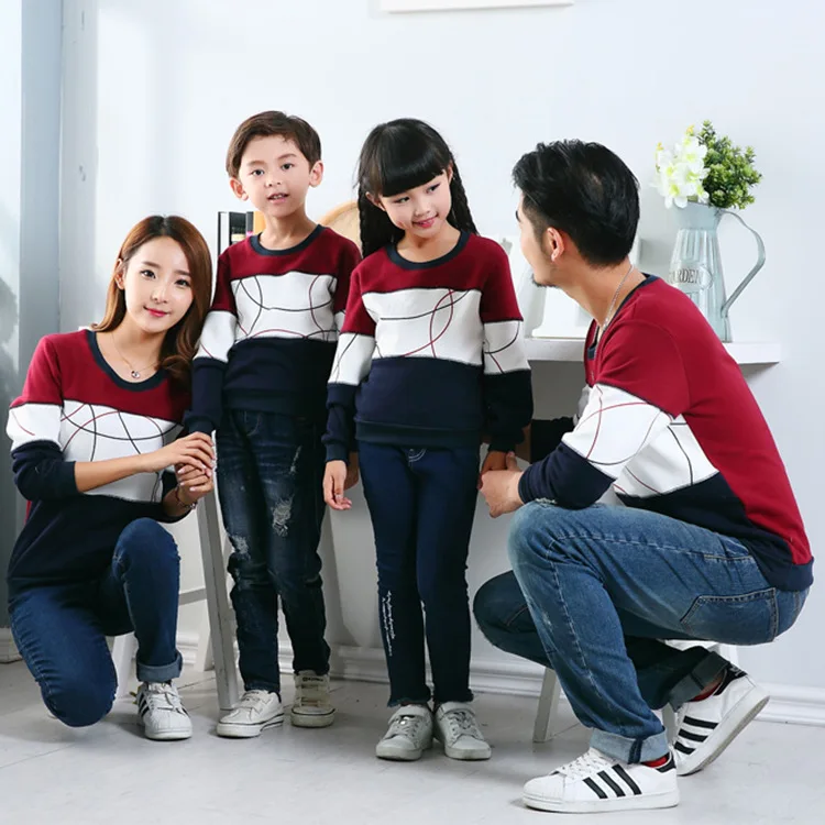 Осенне-зимние одинаковые комплекты для семьи хлопковые с длинными рукавами круглый воротник лоскутный цвет тонкие и толстые повседневные футболки