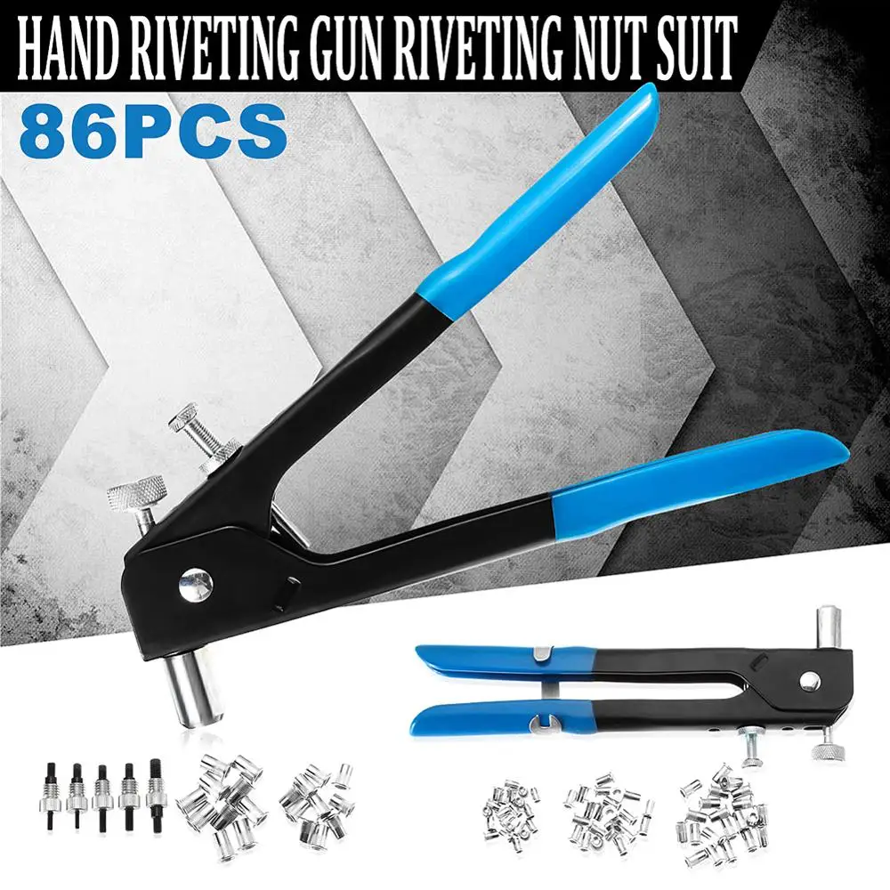 

86Pcs Portable 27cm Hand Riveter Gun Kit M3-M8 Manual Threaded Nut Rivet Tool