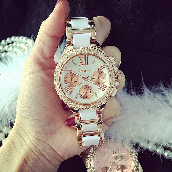 

2016 New Three Rows Rhinestone Geneva Roman Numerals Glam Bezel Watch,Three Eyes Dial Japan Movement Women Quartz Watch
