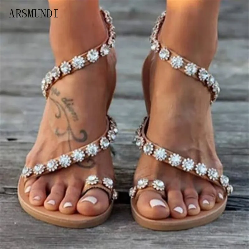 

ARSMUNDI Women Sandals Bling Crystal Summer Shoes Woman Beach Flat Sandals Plus Size Flip Flop Ladies Soft Bottom Female M725