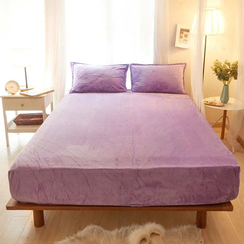 3Pcs Lavender Solid Color Polyester Flannel Fabric Solid Fitted Sheet Mattress Cover Four Corners With Elastic Band Bed Sheet