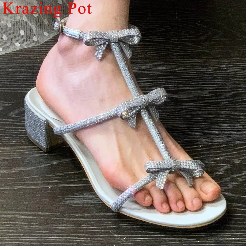 

Krazing Pot sheep leather covered thick high heels peep toe slip on women sandals butterfly-knot crystals decoration shoes L28