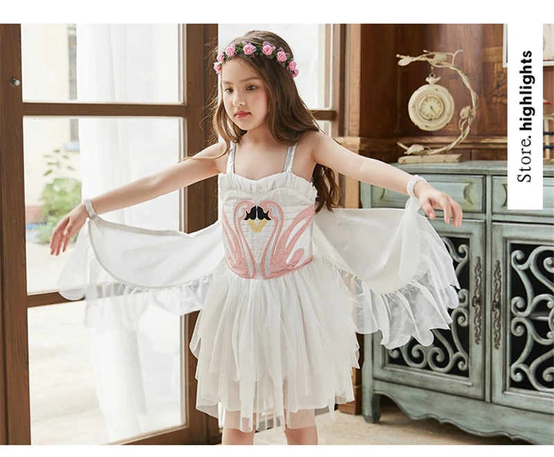 Christmas Girls Swan Flamingo Wings Dress Children White Princess Dress for Wedding Kids Embroidered Tulle Ballet Tutu Dress