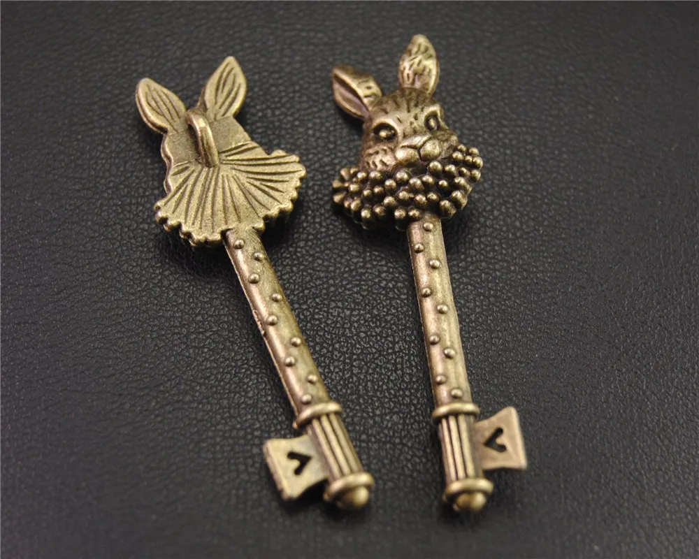 2pcs Easter Antique bronze rabbit key Charm Pendant DIY Necklace