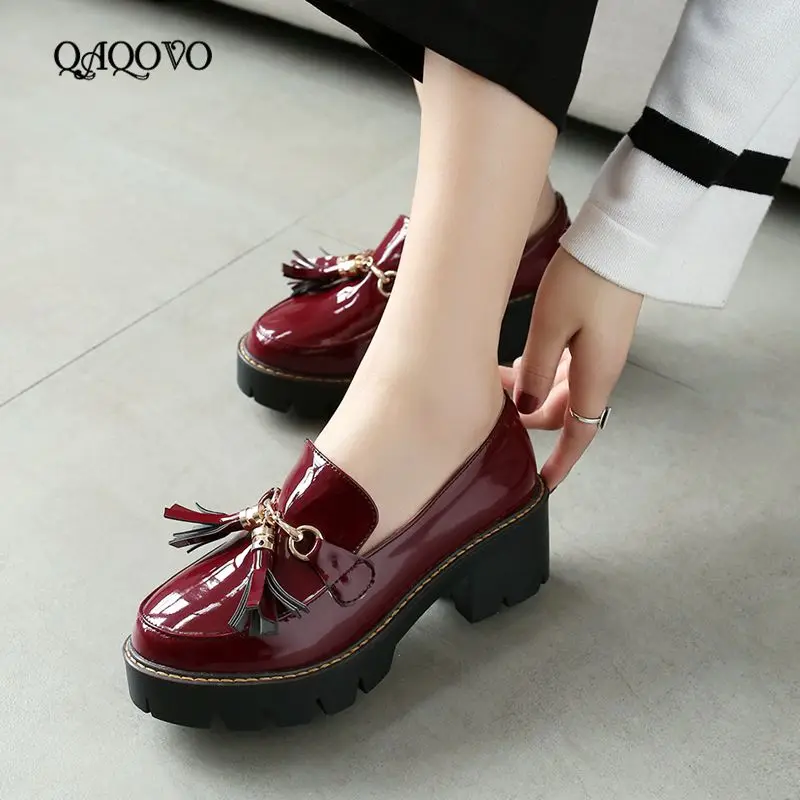 

Women Fashion Tassel Pumps Patent Leather Platform Shoes Square High Heels Slip On Spring Autumn Casual Shoes 2019