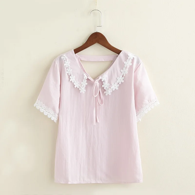 

Cotton Women Shirts 2019 Summer Casual Short Sleeve V Neck Blouses Shirts Women Fashion Flower Patchwork Tops Female Blusas