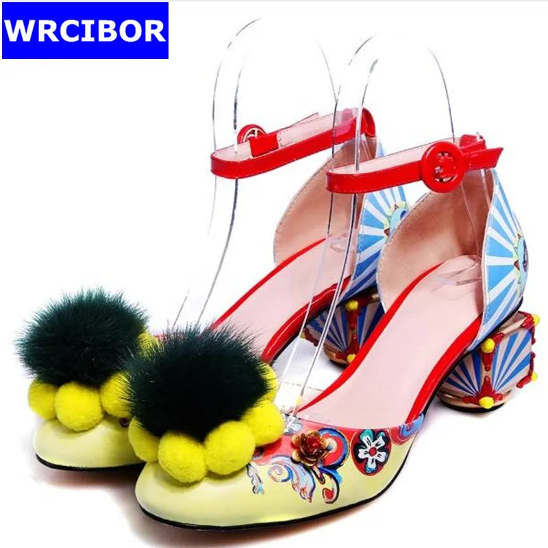 

woman shoes round toe High heels sandals 2017 summer womens fashion Ethnic style rhinestone thick heels ankle strap shoes women