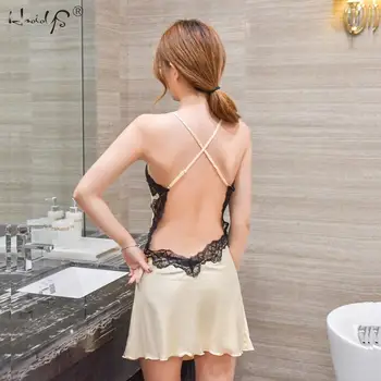 

Sexy Off The Shoulder Women Nightgowns Sexy Lace Satin Sleepwear Nightdress Summer V neck Sleep Lounge Silk Sleep Dress