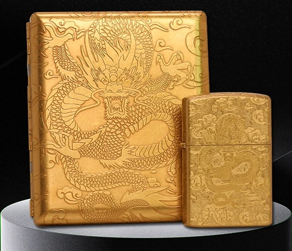 

brass Dragon 20 cigarette case + dragon kerosene lighter set
