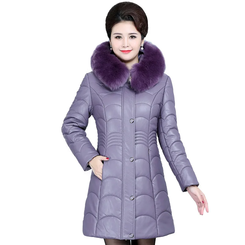 

Plus Size 6XL Middle-aged Women Winter Leather Hooded Jacket Coat Ladies Fur Collar Hooded Thick Warm PU Parkas Female Outerwear
