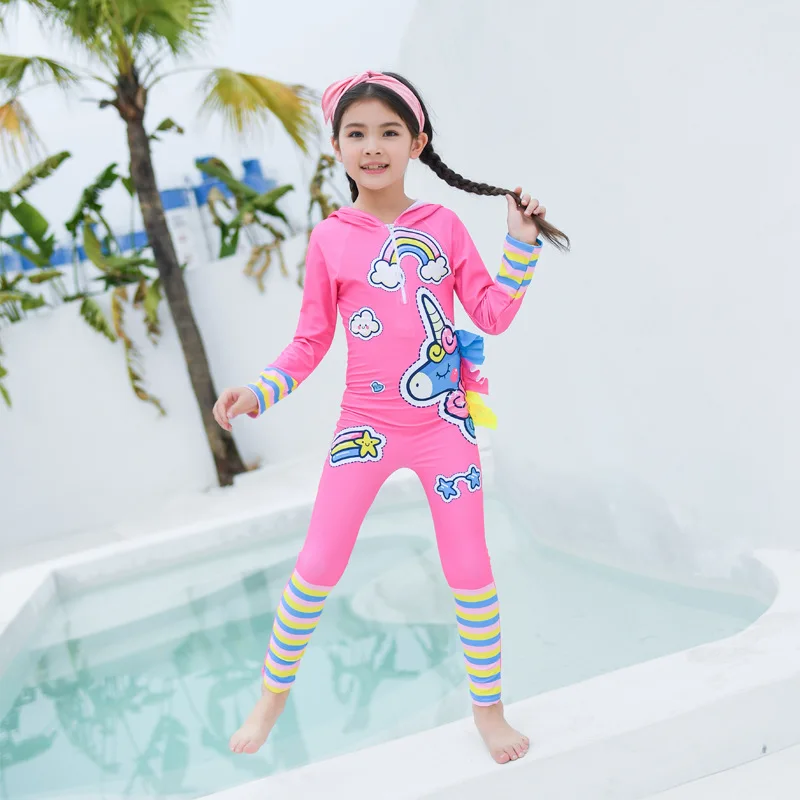 Детский купальник, Рашгард, Цельный купальник, закрытый купальный костюм для девочек, с длинным рукавом, Рашгард, бикини для детей, Badpak - Цвет: Розовый