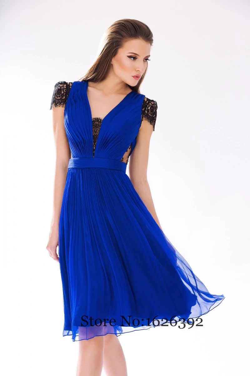 Gunstige Royal Blue Sommer Chiffon Kleider Kurz Mit Armeln Black Lace Durchsichtig A Linie Cocktail Kleid Plus Grosse Party Kleider Cocktail Dresses Royal Blue Short Dressblack Short Cocktail Dresses Aliexpress