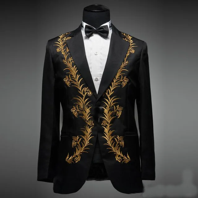 2017 Slim Fit Embroidered Mens Suits Notched Lapel Groom Tuxedos Prom