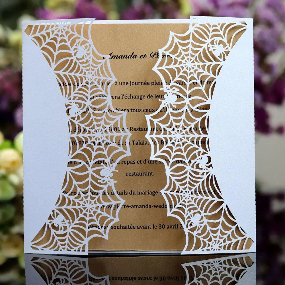  10PCS Laser Cut Halloween Party Invitations Lace Halloween Spider Web Invitation Cardinal Black Ope - 32899621493