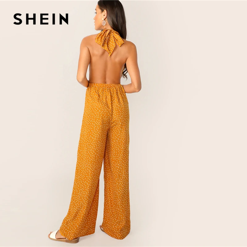 

SHEIN Plunging Neck Tie Backless Palazzo Halter Jumpsuit Ginger Sleeveless Summer Polka Dot Deep V Neck Women Jumpsuit