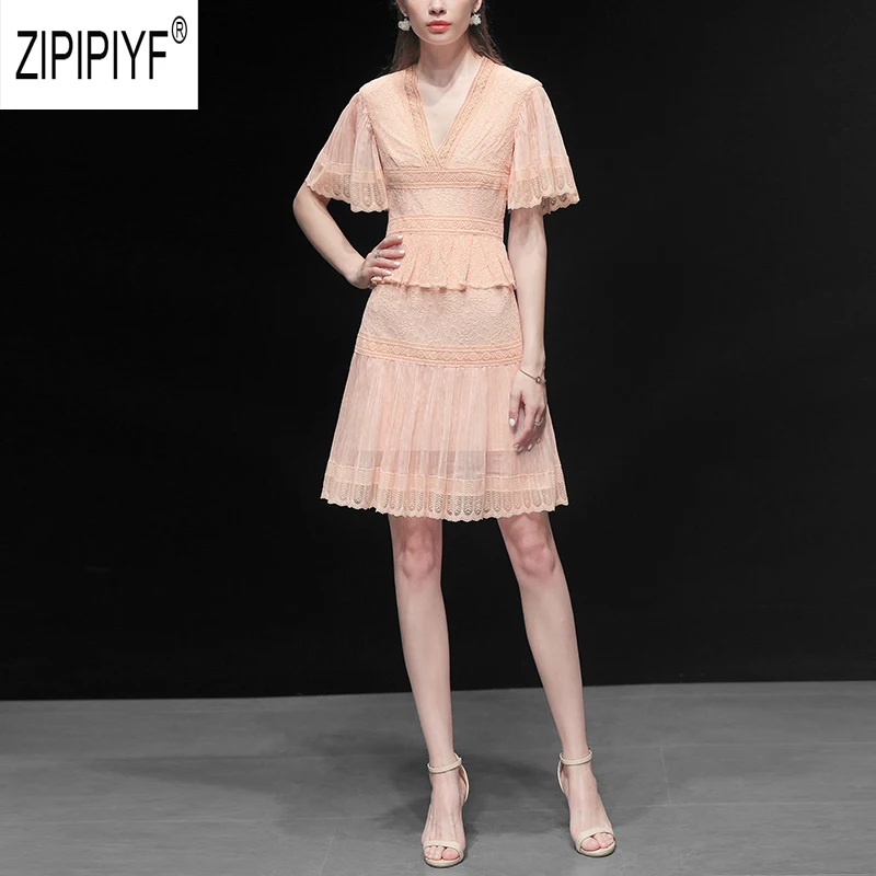 

Simple Design Women 2019 Summer Dresses V Neck Lace Patchwork Short Chiffon Dress Short Sleeve Pink Elegant Casual Dress Z1886