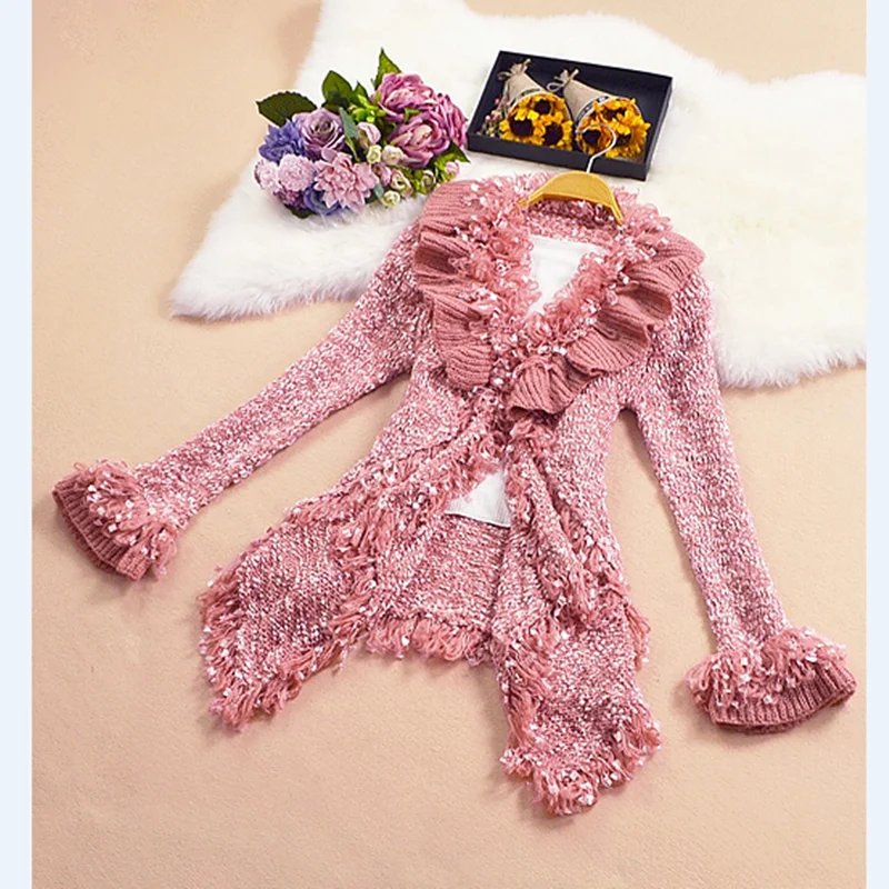 

Amolapha Woman Stylish Jackets Coats Single Button Tassel Ruffled Knitting Cardigans Coat