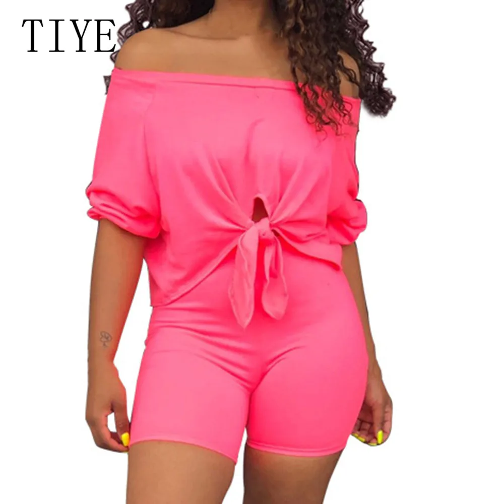 TIYE Two Pieces Sets Off Shoulder Short Sleeve Crop Top and Slim Pants Summer Hollow Out Casual Go Out Playsuits Plus Size XXL