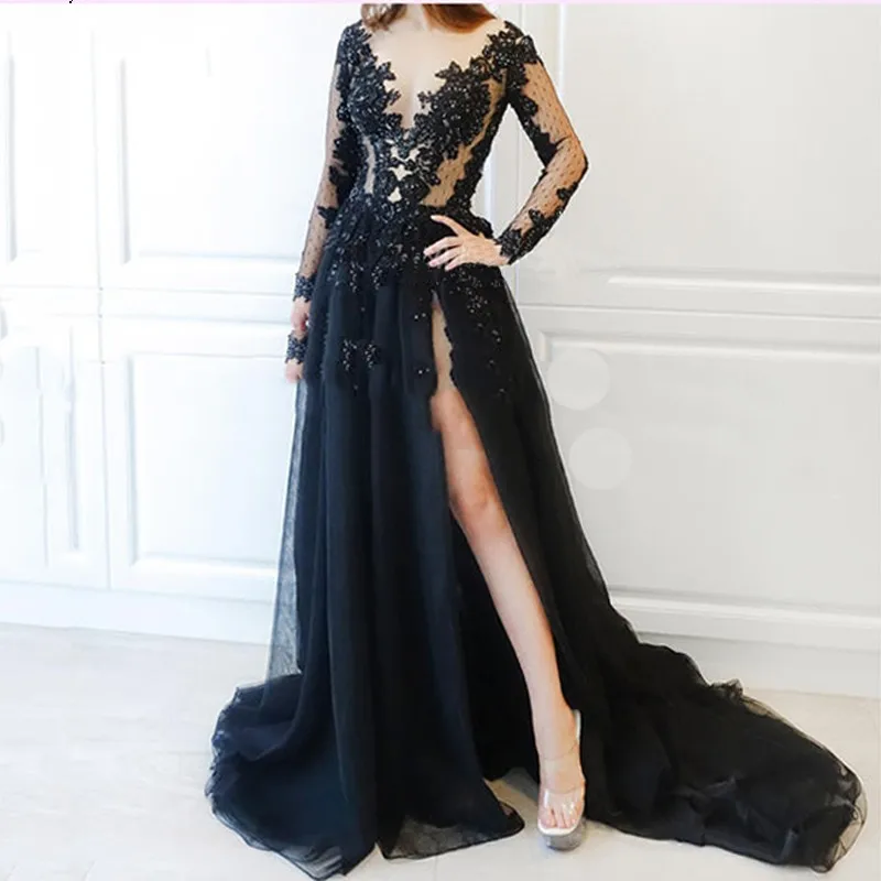 Черные вечерние платья 2019 A-Line V-Neck Tulle аппликация кружева бисером Ислам Дубаи кафтан Саудовская Арабская длинное вечернее платье